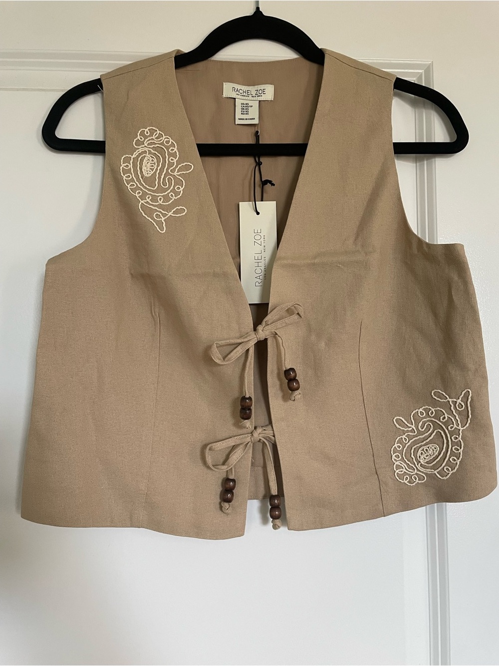 Rachel Zoe Tan Embroidered Tie-Front Vest Womens Sz XS Boho Country Western NEW